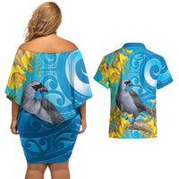 New Zealand Kokako Bird Couples Matching Off Shoulder Short Dress and Hawaiian Shirt Maori Koru With Kowhai Flowers LT05 - Polynesian Pride