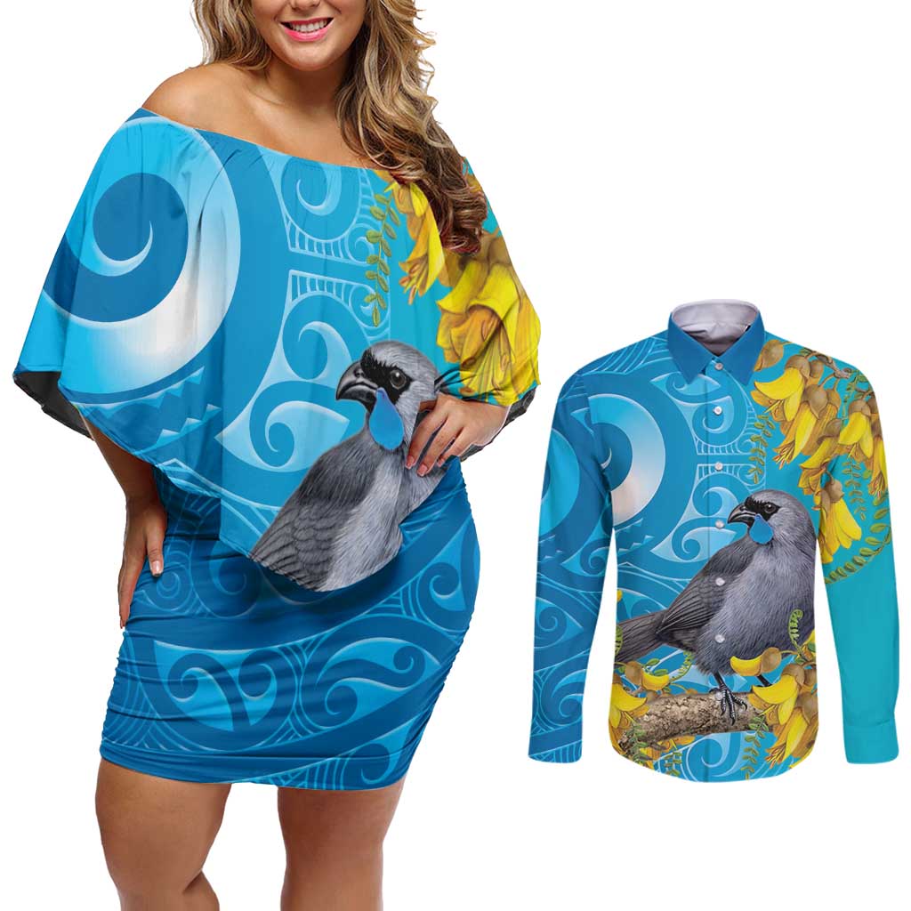 New Zealand Kokako Bird Couples Matching Off Shoulder Short Dress and Long Sleeve Button Shirt Maori Koru With Kowhai Flowers LT05 Aqua - Polynesian Pride
