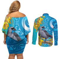 New Zealand Kokako Bird Couples Matching Off Shoulder Short Dress and Long Sleeve Button Shirt Maori Koru With Kowhai Flowers LT05 - Polynesian Pride