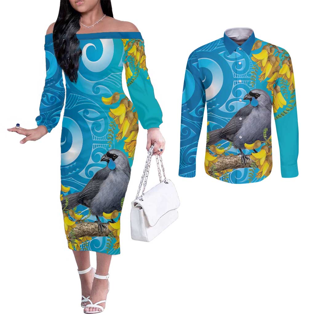 New Zealand Kokako Bird Couples Matching Off The Shoulder Long Sleeve Dress and Long Sleeve Button Shirt Maori Koru With Kowhai Flowers LT05 Aqua - Polynesian Pride