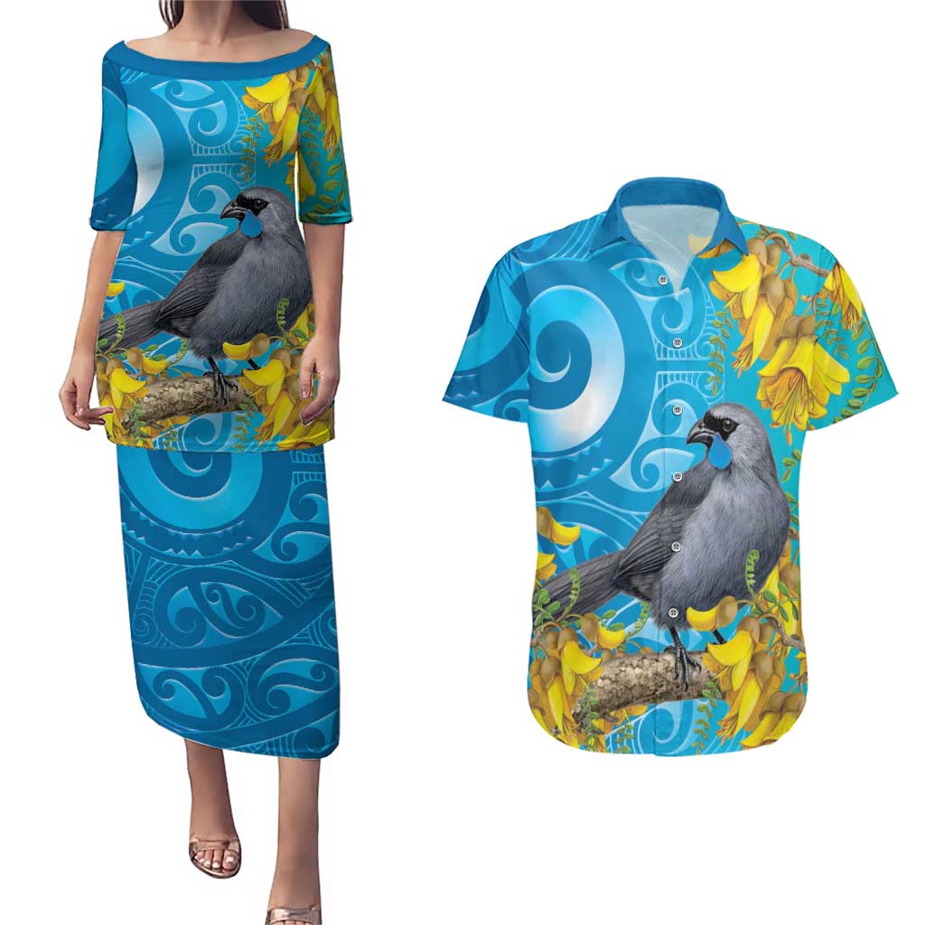 New Zealand Kokako Bird Couples Matching Puletasi and Hawaiian Shirt Maori Koru With Kowhai Flowers LT05 Aqua - Polynesian Pride