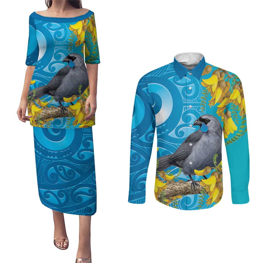 New Zealand Kokako Bird Couples Matching Puletasi and Long Sleeve Button Shirt Maori Koru With Kowhai Flowers LT05 Aqua - Polynesian Pride