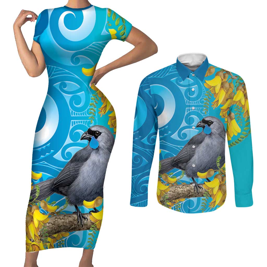 New Zealand Kokako Bird Couples Matching Short Sleeve Bodycon Dress and Long Sleeve Button Shirt Maori Koru With Kowhai Flowers LT05 Aqua - Polynesian Pride