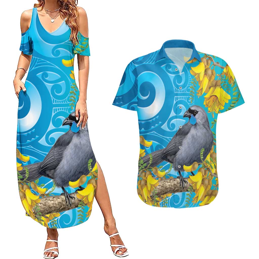 New Zealand Kokako Bird Couples Matching Summer Maxi Dress and Hawaiian Shirt Maori Koru With Kowhai Flowers LT05 Aqua - Polynesian Pride