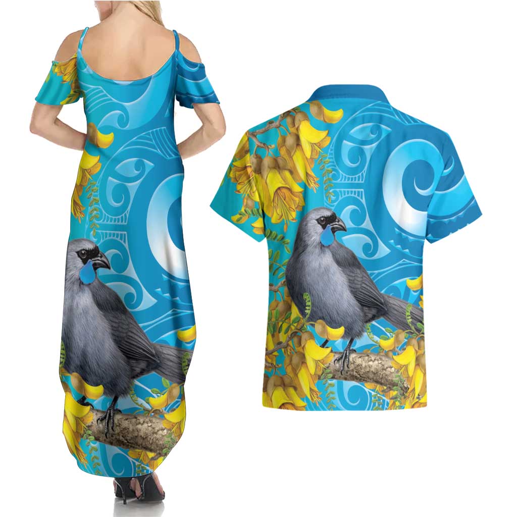 New Zealand Kokako Bird Couples Matching Summer Maxi Dress and Hawaiian Shirt Maori Koru With Kowhai Flowers LT05 - Polynesian Pride