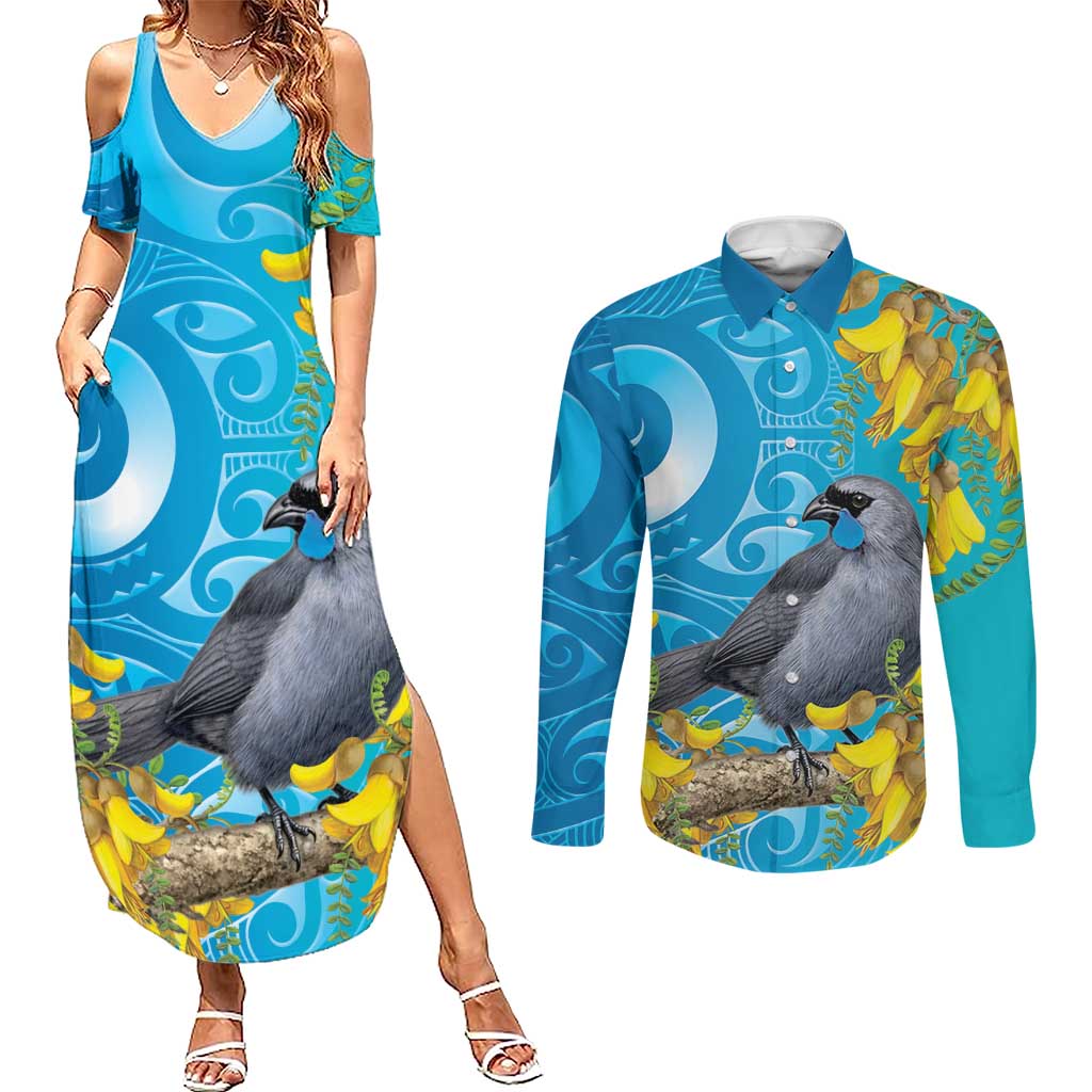New Zealand Kokako Bird Couples Matching Summer Maxi Dress and Long Sleeve Button Shirt Maori Koru With Kowhai Flowers LT05 Aqua - Polynesian Pride