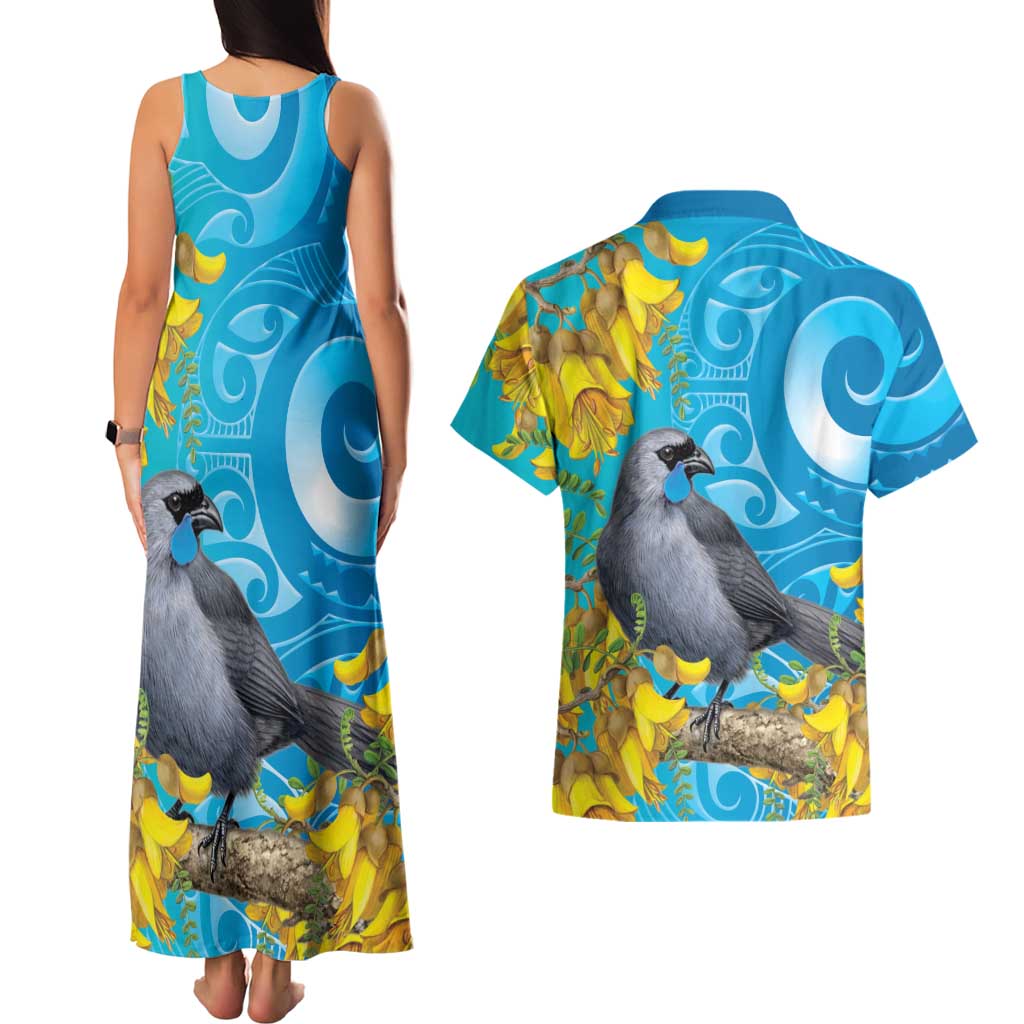 New Zealand Kokako Bird Couples Matching Tank Maxi Dress and Hawaiian Shirt Maori Koru With Kowhai Flowers LT05 - Polynesian Pride