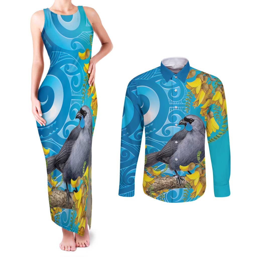 New Zealand Kokako Bird Couples Matching Tank Maxi Dress and Long Sleeve Button Shirt Maori Koru With Kowhai Flowers LT05 Aqua - Polynesian Pride