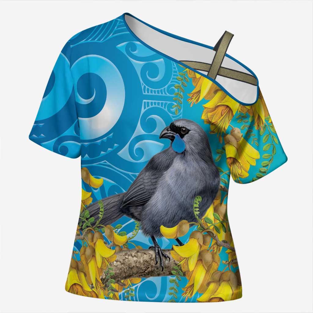 New Zealand Kokako Bird Cross Shoulder Shirt Maori Koru With Kowhai Flowers LT05 Female Aqua - Polynesian Pride