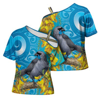 New Zealand Kokako Bird Cross Shoulder Shirt Maori Koru With Kowhai Flowers LT05 - Polynesian Pride