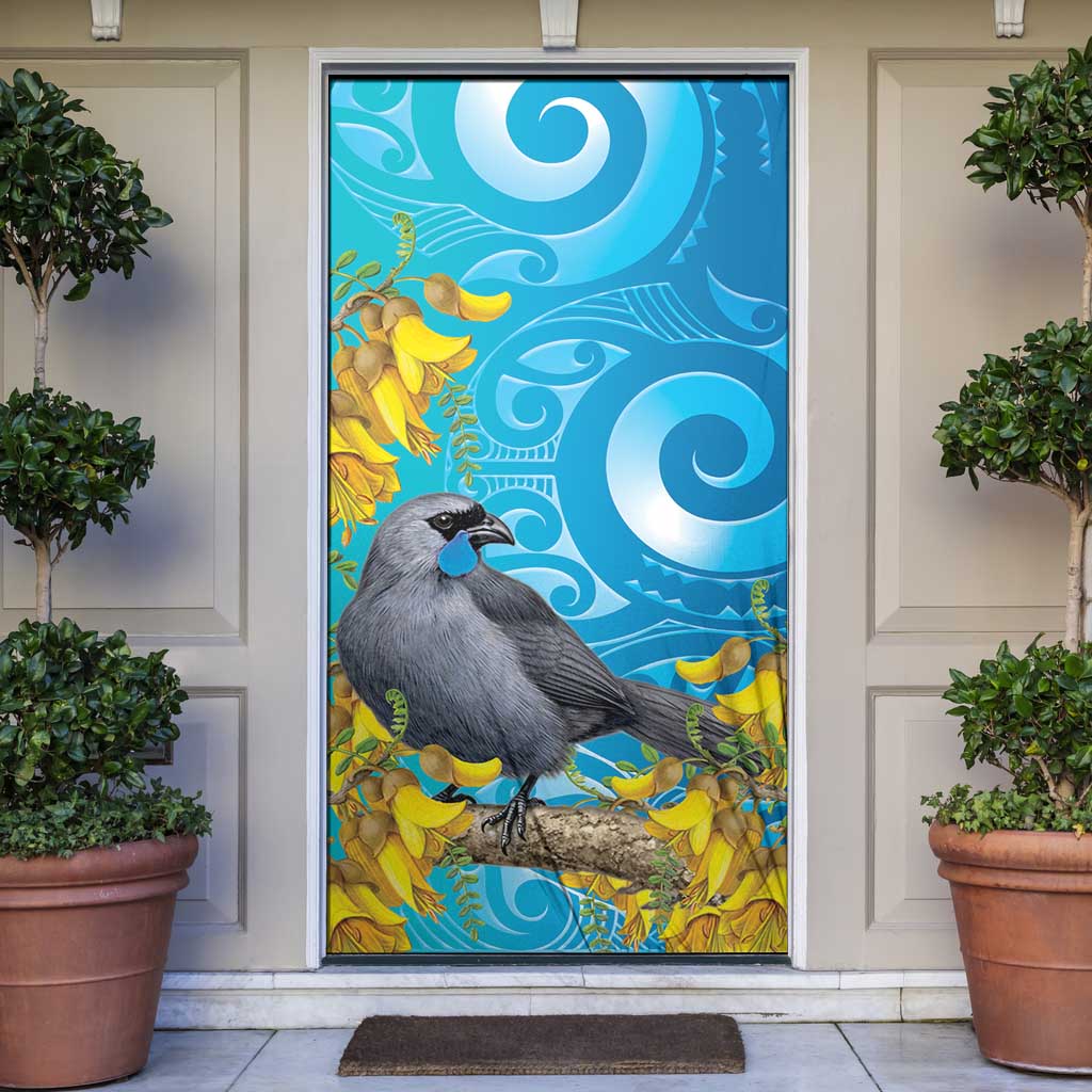 New Zealand Kokako Bird Door Cover Maori Koru With Kowhai Flowers LT05 Aqua - Polynesian Pride