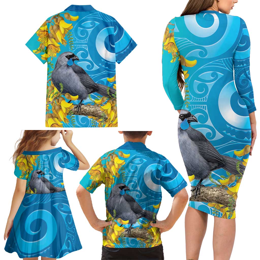New Zealand Kokako Bird Family Matching Long Sleeve Bodycon Dress and Hawaiian Shirt Maori Koru With Kowhai Flowers LT05 - Polynesian Pride