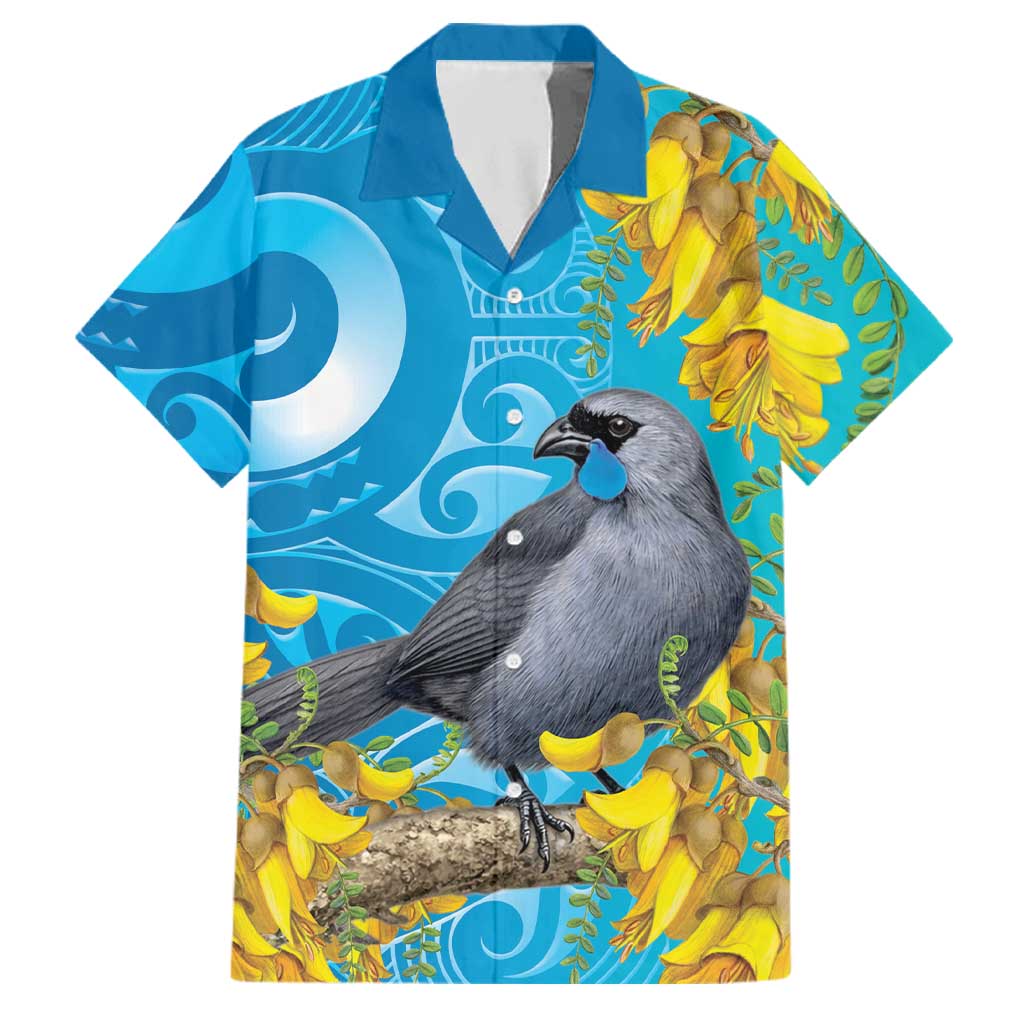 New Zealand Kokako Bird Family Matching Long Sleeve Bodycon Dress and Hawaiian Shirt Maori Koru With Kowhai Flowers LT05 Dad's Shirt - Short Sleeve Aqua - Polynesian Pride