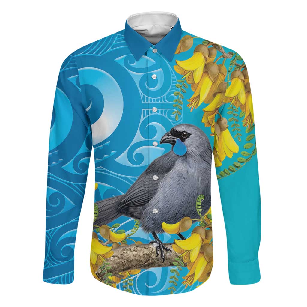 New Zealand Kokako Bird Family Matching Long Sleeve Bodycon Dress and Hawaiian Shirt Maori Koru With Kowhai Flowers LT05 Dad's Shirt - Long Sleeve Aqua - Polynesian Pride