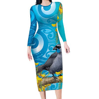 New Zealand Kokako Bird Family Matching Long Sleeve Bodycon Dress and Hawaiian Shirt Maori Koru With Kowhai Flowers LT05 Mom's Dress Aqua - Polynesian Pride