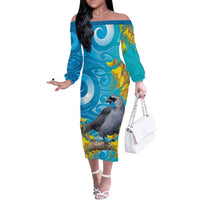 New Zealand Kokako Bird Family Matching Off The Shoulder Long Sleeve Dress and Hawaiian Shirt Maori Koru With Kowhai Flowers LT05 Mom's Dress Aqua - Polynesian Pride
