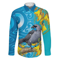 New Zealand Kokako Bird Family Matching Puletasi and Hawaiian Shirt Maori Koru With Kowhai Flowers LT05 Dad's Shirt - Long Sleeve Aqua - Polynesian Pride