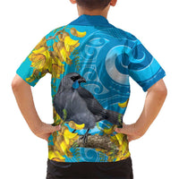 New Zealand Kokako Bird Family Matching Short Sleeve Bodycon Dress and Hawaiian Shirt Maori Koru With Kowhai Flowers LT05 - Polynesian Pride