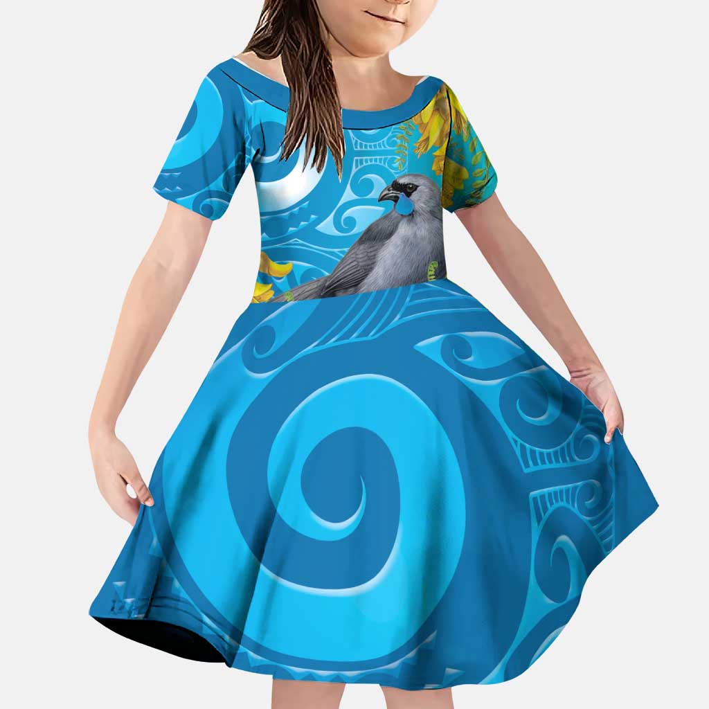 New Zealand Kokako Bird Family Matching Short Sleeve Bodycon Dress and Hawaiian Shirt Maori Koru With Kowhai Flowers LT05 Daughter's Dress Aqua - Polynesian Pride