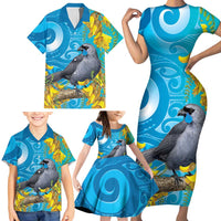 New Zealand Kokako Bird Family Matching Short Sleeve Bodycon Dress and Hawaiian Shirt Maori Koru With Kowhai Flowers LT05 - Polynesian Pride