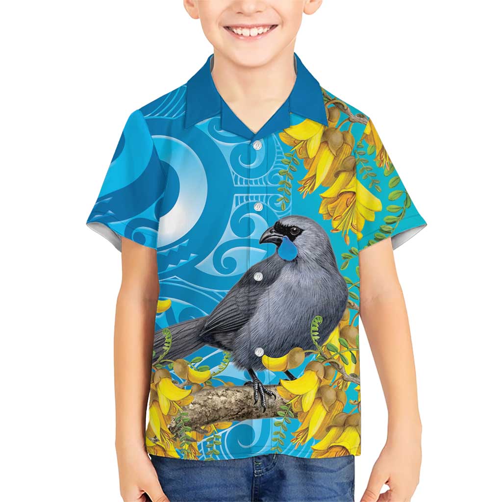 New Zealand Kokako Bird Family Matching Tank Maxi Dress and Hawaiian Shirt Maori Koru With Kowhai Flowers LT05 Son's Shirt Aqua - Polynesian Pride