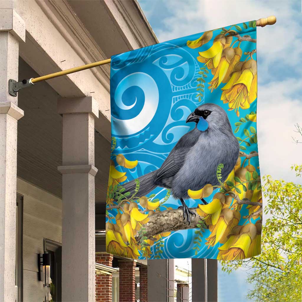 New Zealand Kokako Bird Garden Flag Maori Koru With Kowhai Flowers - Polynesian Pride