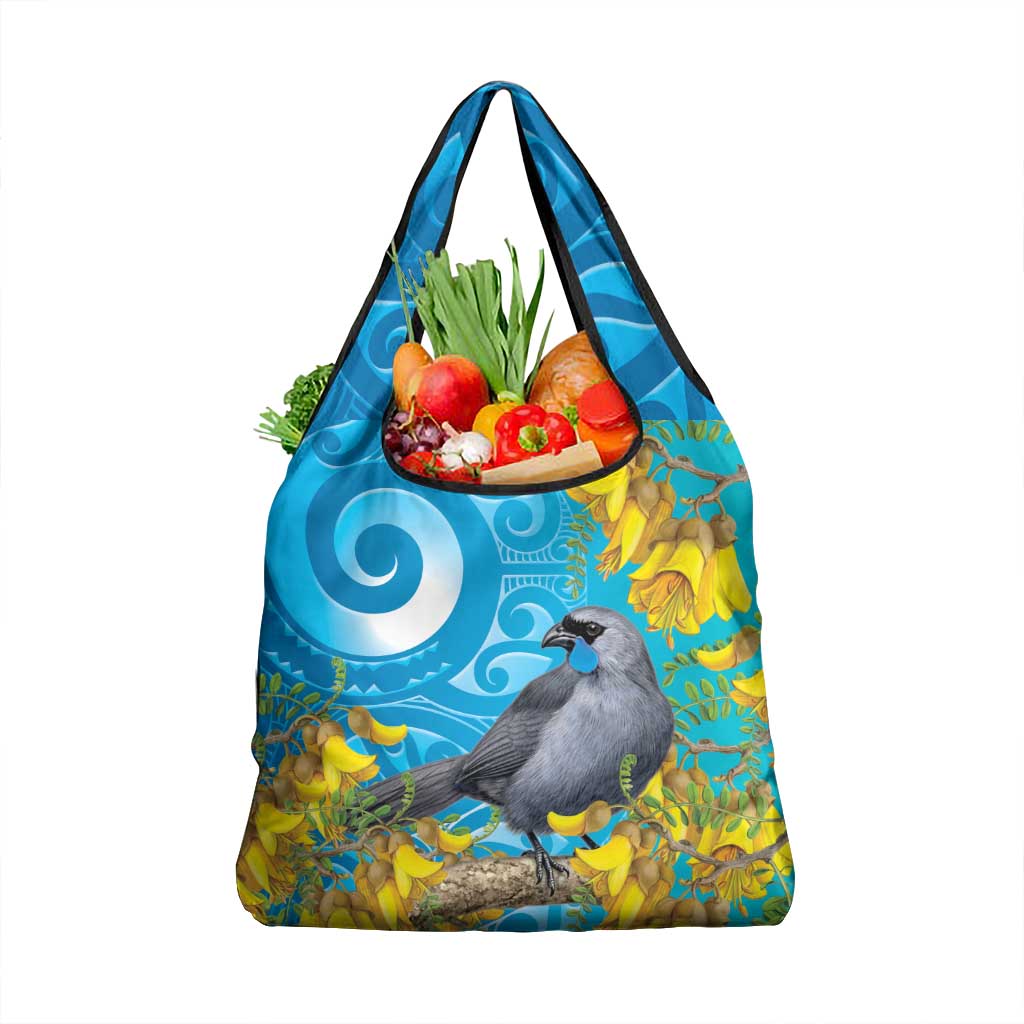 New Zealand Kokako Bird Grocery Bag Maori Koru With Kowhai Flowers LT05 1-pack One Size Aqua - Polynesian Pride