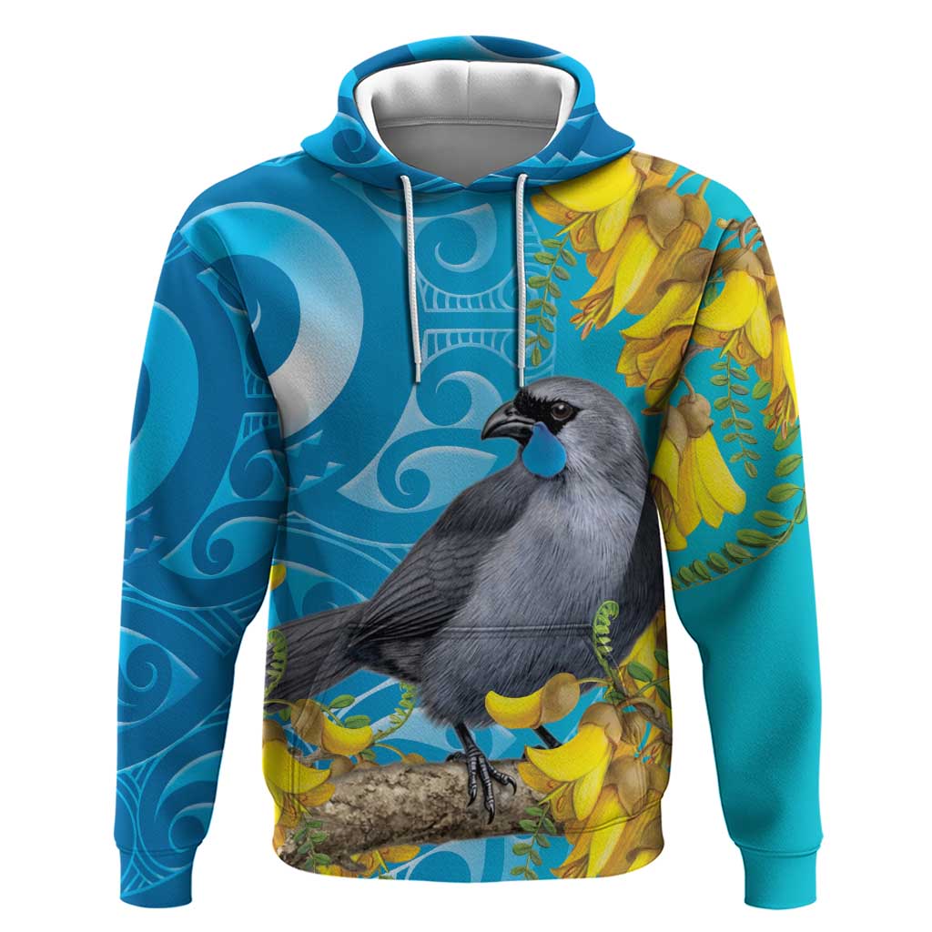 New Zealand Kokako Bird Hoodie Maori Koru With Kowhai Flowers LT05 Pullover Hoodie Aqua - Polynesian Pride