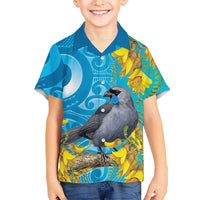 New Zealand Kokako Bird Kid Hawaiian Shirt Maori Koru With Kowhai Flowers LT05 Kid Aqua - Polynesian Pride