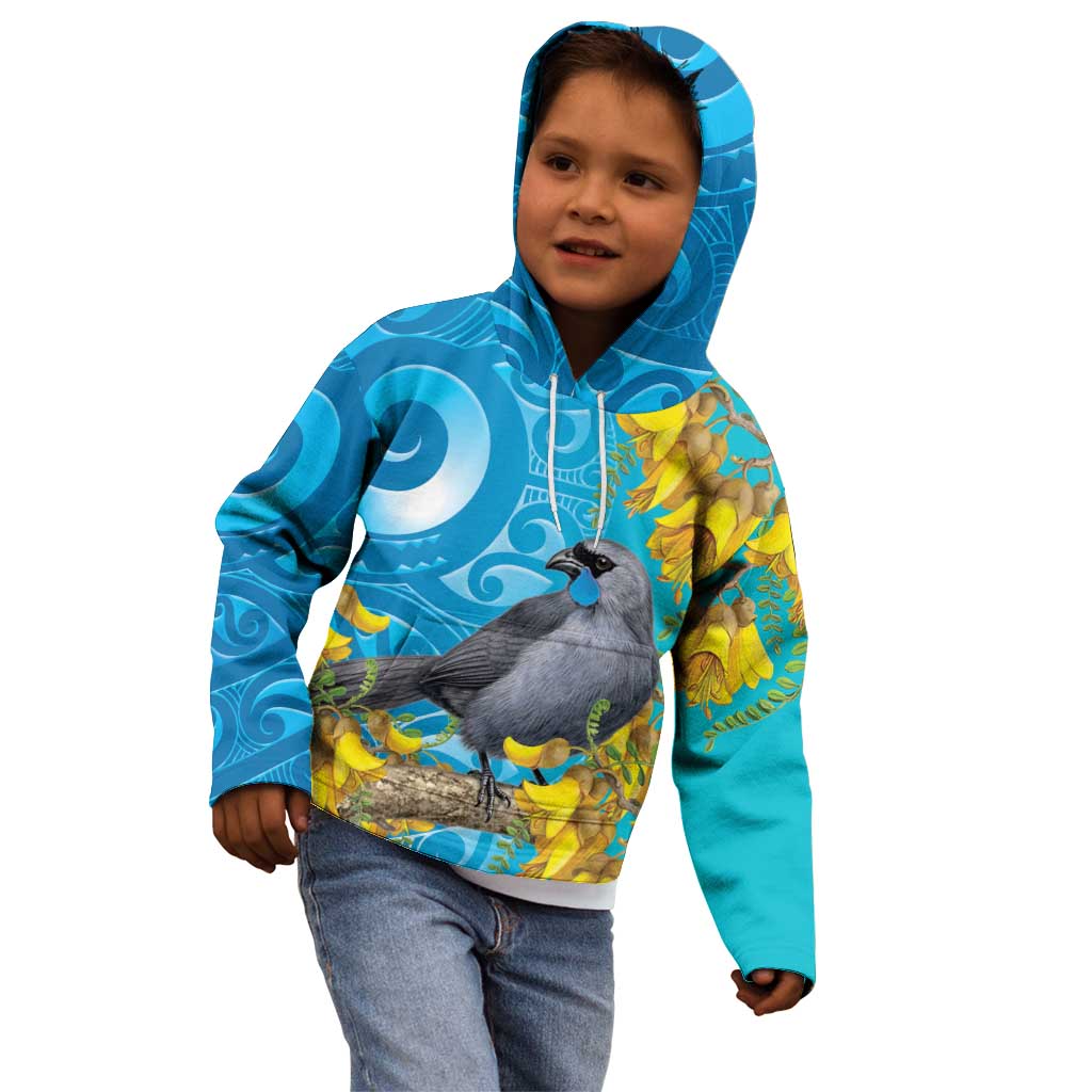 New Zealand Kokako Bird Kid Hoodie Maori Koru With Kowhai Flowers LT05 - Polynesian Pride