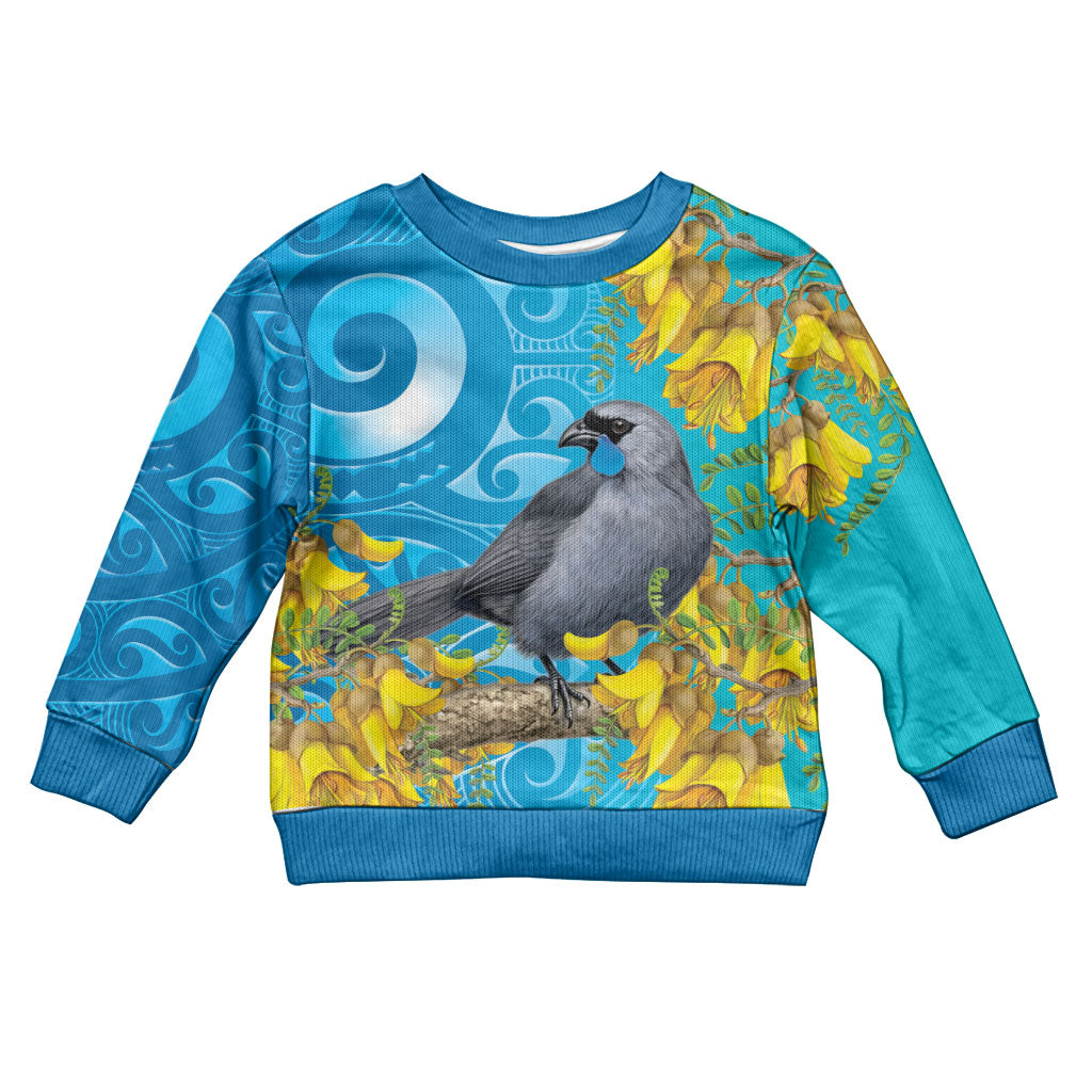 New Zealand Kokako Bird Kid Ugly Christmas Sweater Maori Koru With Kowhai Flowers LT05 Kid Aqua - Polynesian Pride