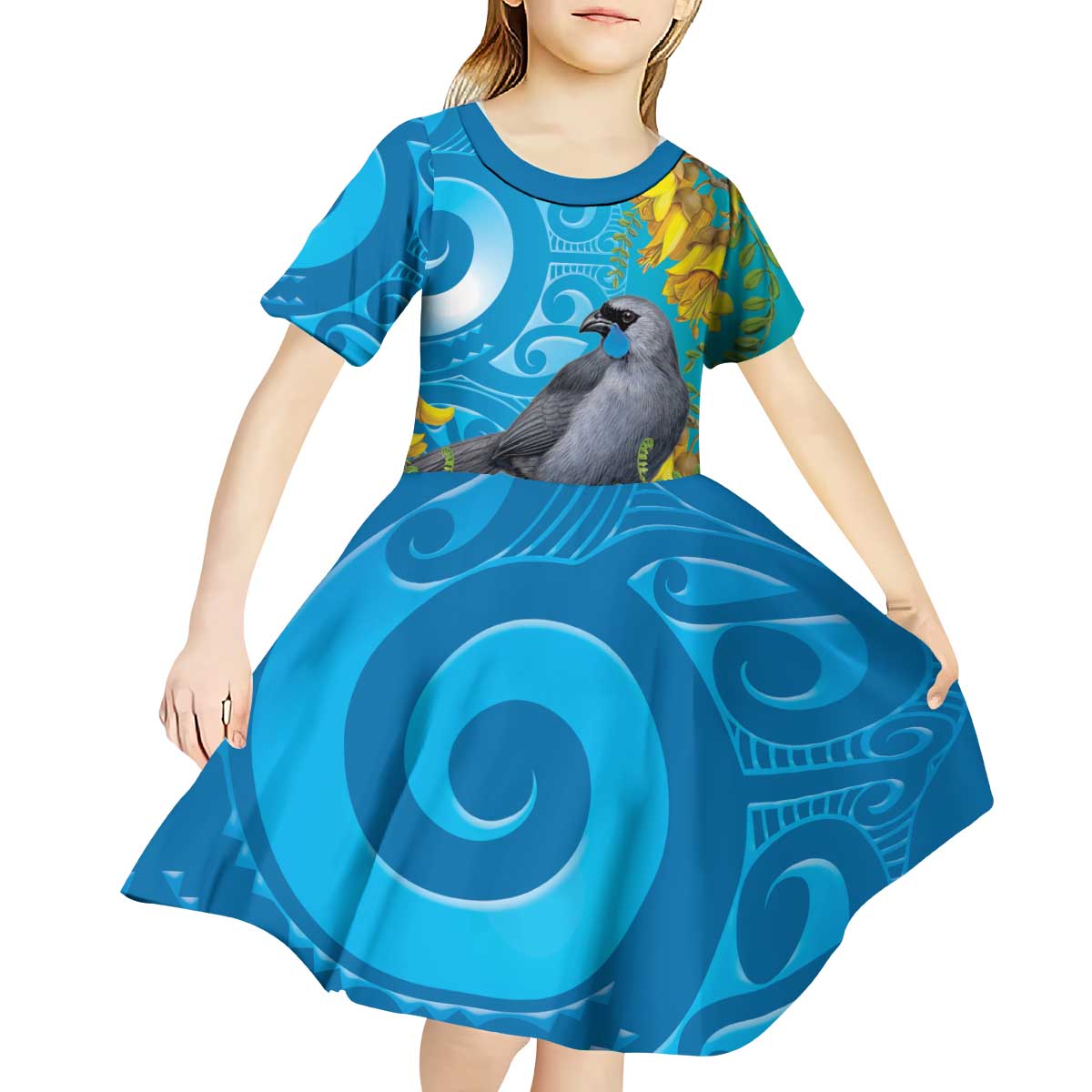 New Zealand Kokako Bird Kid Short Sleeve Dress Maori Koru With Kowhai Flowers LT05 - Polynesian Pride