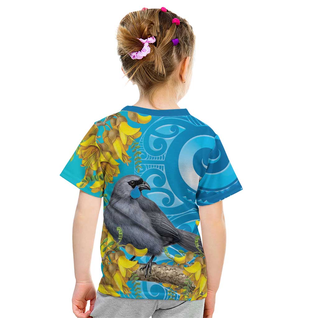 New Zealand Kokako Bird Kid T Shirt Maori Koru With Kowhai Flowers LT05 - Polynesian Pride
