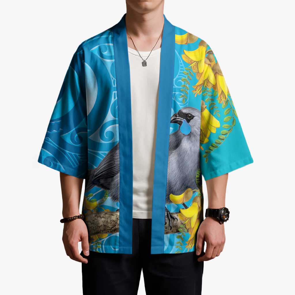 New Zealand Kokako Bird Kimono Maori Koru With Kowhai Flowers LT05 - Polynesian Pride