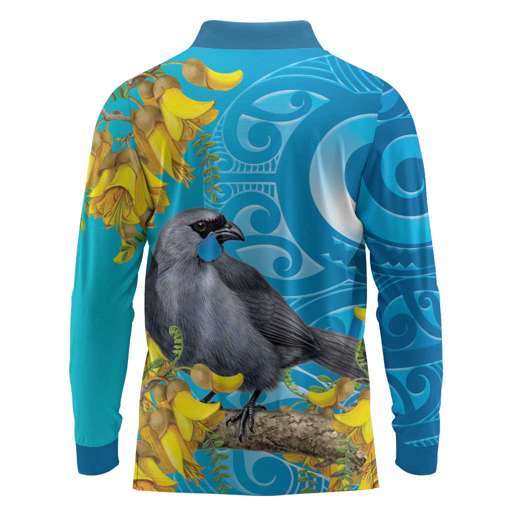 New Zealand Kokako Bird Long Sleeve Polo Shirt Maori Koru With Kowhai Flowers LT05 - Polynesian Pride
