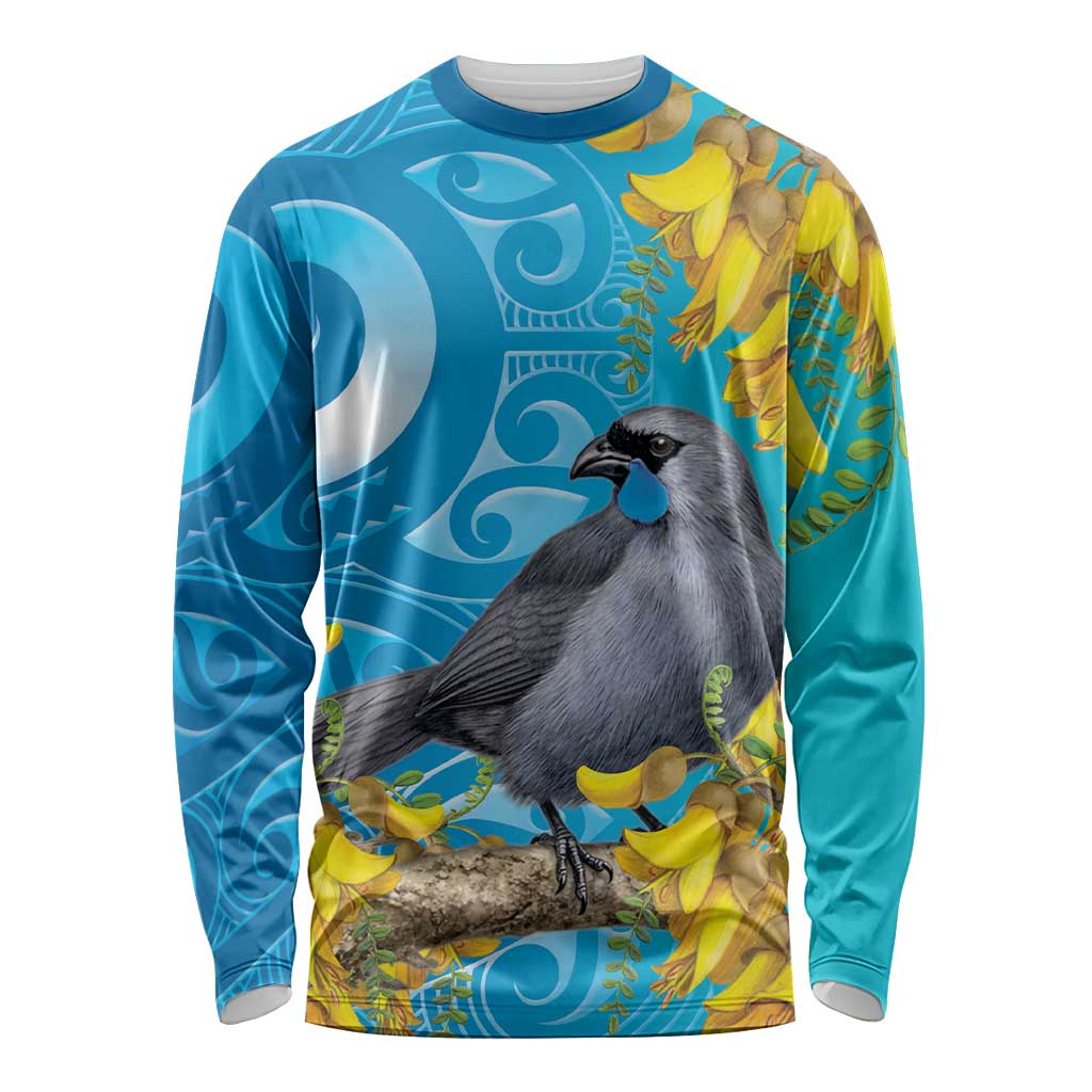 New Zealand Kokako Bird Long Sleeve Shirt Maori Koru With Kowhai Flowers - Polynesian Pride