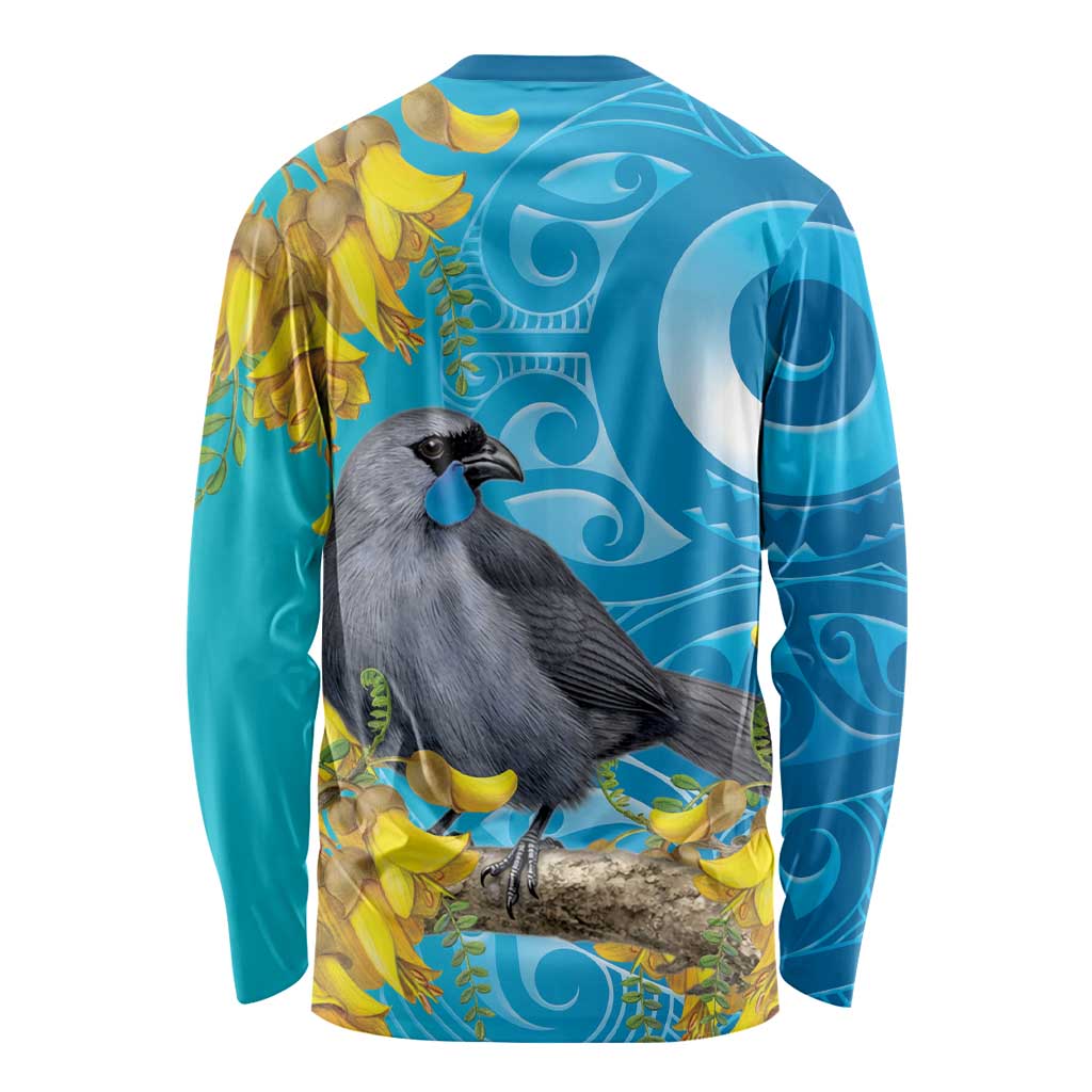 New Zealand Kokako Bird Long Sleeve Shirt Maori Koru With Kowhai Flowers LT05 - Polynesian Pride