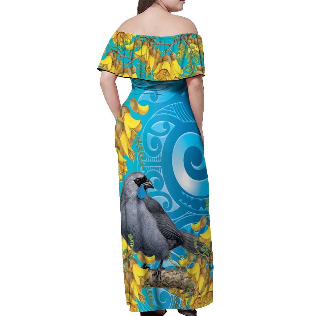 New Zealand Kokako Bird Off Shoulder Maxi Dress Maori Koru With Kowhai Flowers LT05 - Polynesian Pride