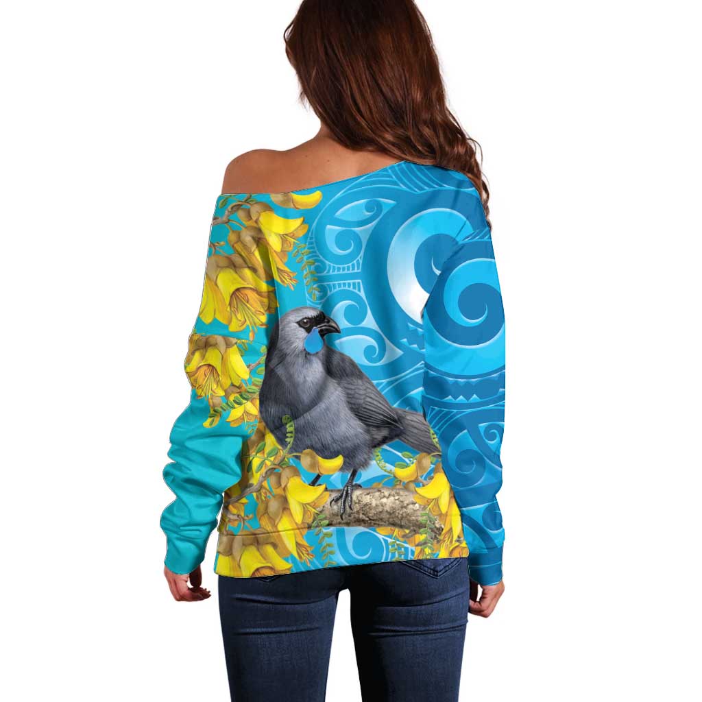 New Zealand Kokako Bird Off Shoulder Sweater Maori Koru With Kowhai Flowers LT05 - Polynesian Pride