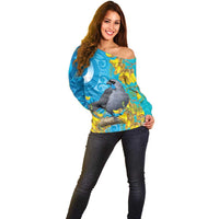 New Zealand Kokako Bird Off Shoulder Sweater Maori Koru With Kowhai Flowers LT05 - Polynesian Pride