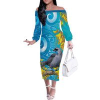 New Zealand Kokako Bird Off The Shoulder Long Sleeve Dress Maori Koru With Kowhai Flowers LT05 Women Aqua - Polynesian Pride