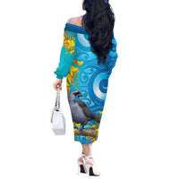 New Zealand Kokako Bird Off The Shoulder Long Sleeve Dress Maori Koru With Kowhai Flowers LT05 - Polynesian Pride