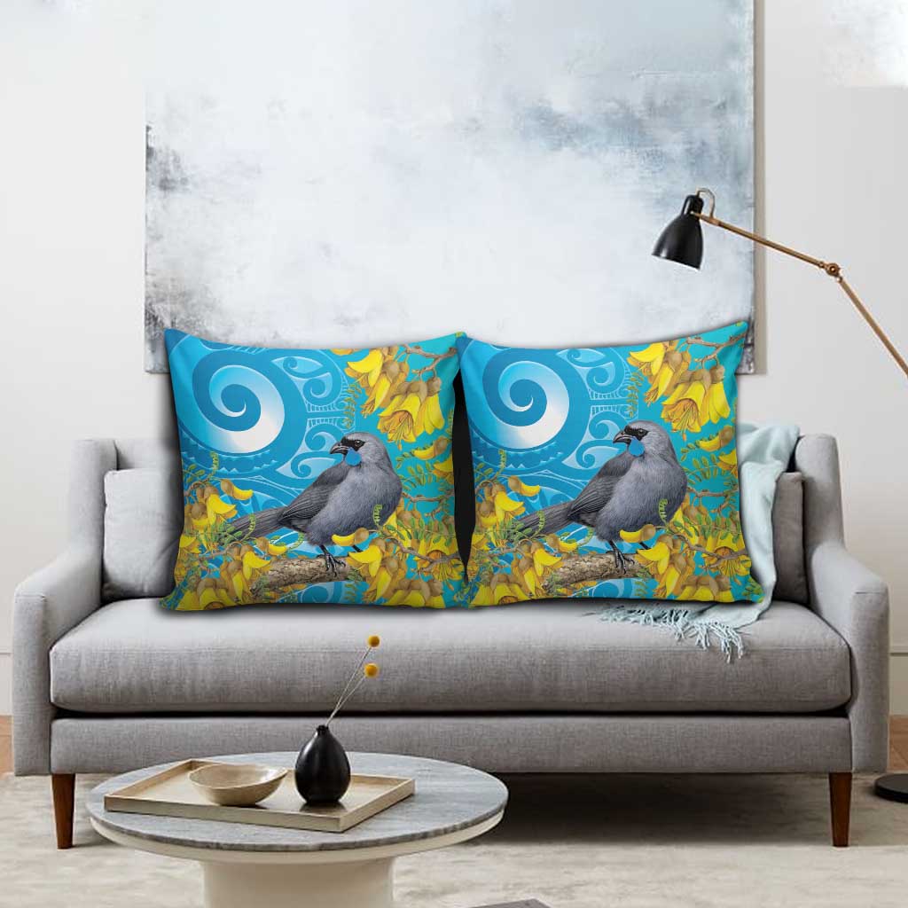 New Zealand Kokako Bird Pillow Cover Maori Koru With Kowhai Flowers LT05 - Polynesian Pride