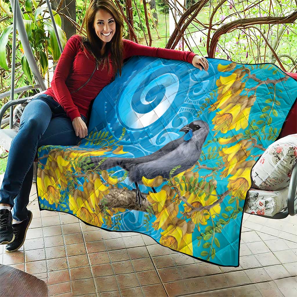 New Zealand Kokako Bird Quilt Maori Koru With Kowhai Flowers LT05 - Polynesian Pride