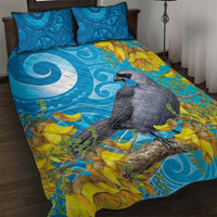 New Zealand Kokako Bird Quilt Bed Set Maori Koru With Kowhai Flowers LT05 Aqua - Polynesian Pride