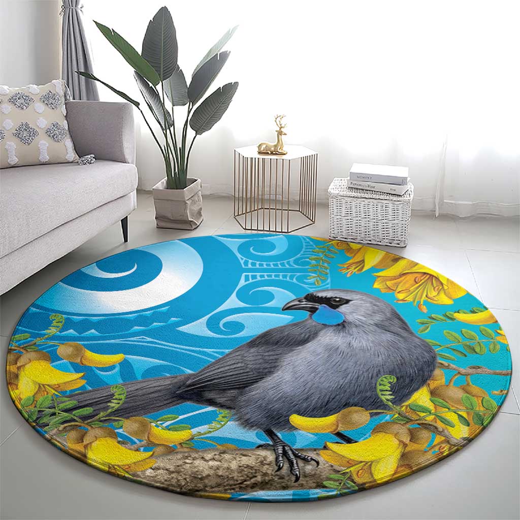 New Zealand Kokako Bird Round Carpet Maori Koru With Kowhai Flowers LT05 - Polynesian Pride