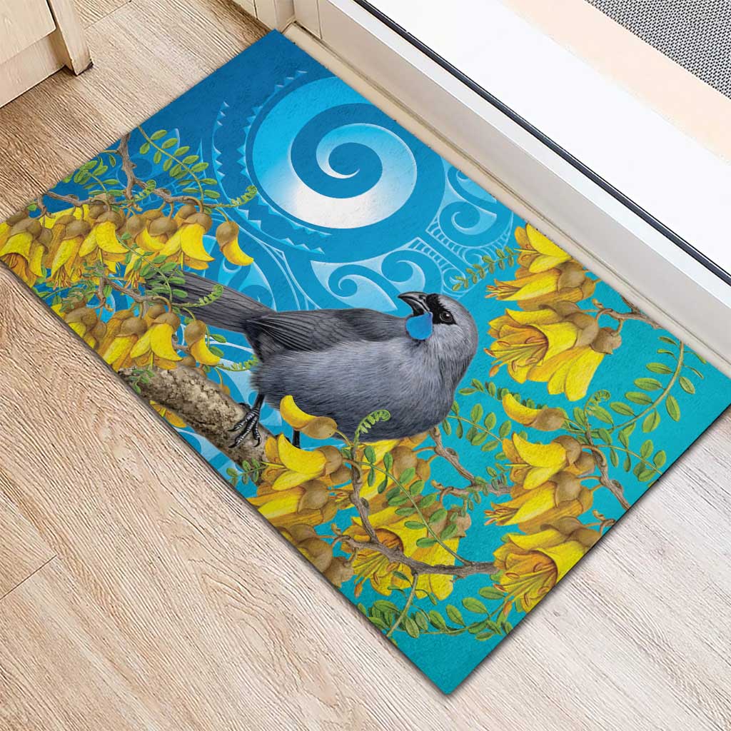 New Zealand Kokako Bird Rubber Doormat Maori Koru With Kowhai Flowers LT05 - Polynesian Pride