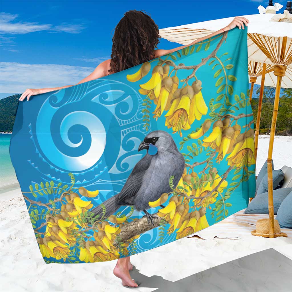 New Zealand Kokako Bird Sarong Maori Koru With Kowhai Flowers LT05 One Size 44 x 66 inches Aqua - Polynesian Pride