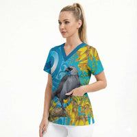 New Zealand Kokako Bird Scrub Top Maori Koru With Kowhai Flowers LT05 - Polynesian Pride