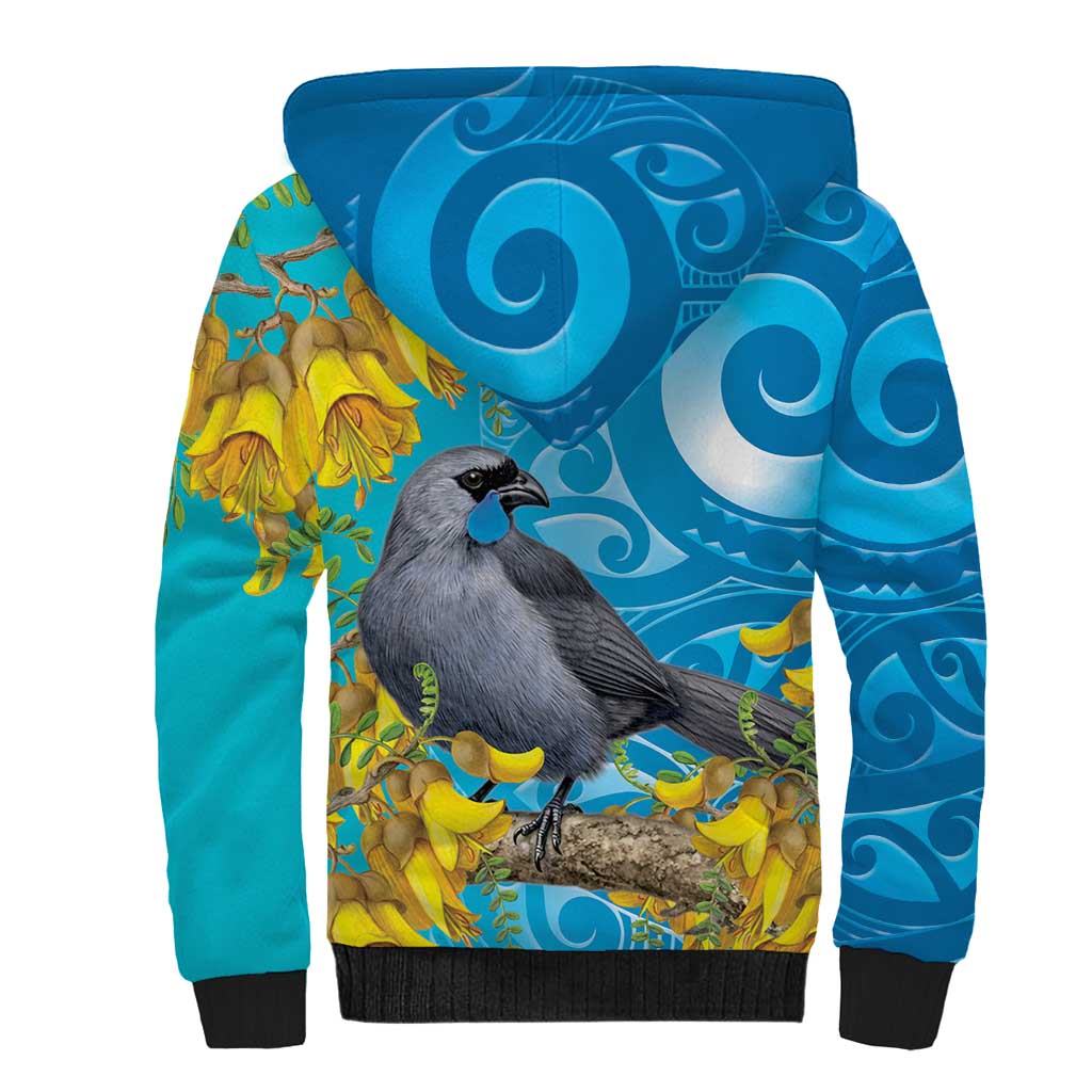 New Zealand Kokako Bird Sherpa Hoodie Maori Koru With Kowhai Flowers LT05 - Polynesian Pride